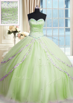 Dazzling Beading and Appliques 15 Quinceanera Dress Yellow Green Lace Up Sleeveless With Train Court Train