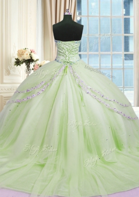 Dazzling Beading and Appliques 15 Quinceanera Dress Yellow Green Lace Up Sleeveless With Train Court Train