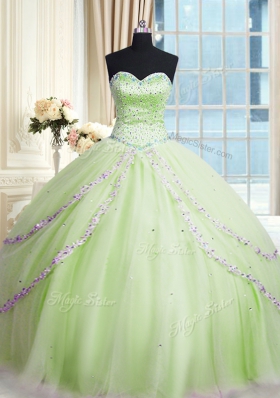 Dazzling Beading and Appliques 15 Quinceanera Dress Yellow Green Lace Up Sleeveless With Train Court Train