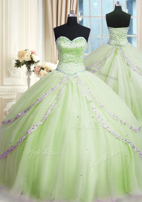 Dazzling Beading and Appliques 15 Quinceanera Dress Yellow Green Lace Up Sleeveless With Train Court Train