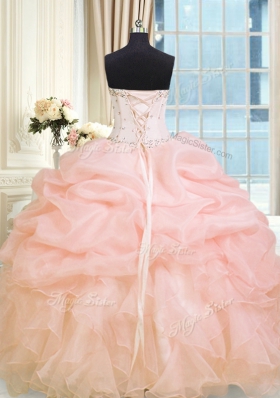 Decent Floor Length Lace Up Sweet 16 Quinceanera Dress Baby Pink and In for Military Ball and Sweet 16 and Quinceanera with Beading and Ruffles