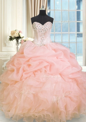 Decent Floor Length Lace Up Sweet 16 Quinceanera Dress Baby Pink and In for Military Ball and Sweet 16 and Quinceanera with Beading and Ruffles