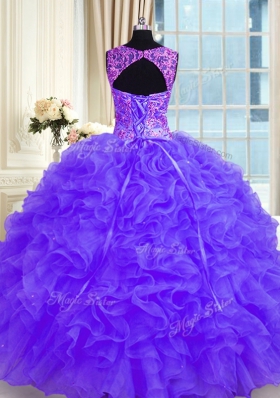 Decent Purple Sweet 16 Quinceanera Dress Military Ball and Sweet 16 and Quinceanera and For with Beading and Embroidery and Ruffles Straps Long Sleeves Lace Up