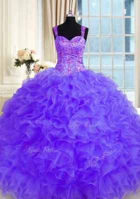 Decent Purple Sweet 16 Quinceanera Dress Military Ball and Sweet 16 and Quinceanera and For with Beading and Embroidery and Ruffles Straps Long Sleeves Lace Up