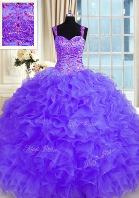 Decent Purple Sweet 16 Quinceanera Dress Military Ball and Sweet 16 and Quinceanera and For with Beading and Embroidery and Ruffles Straps Long Sleeves Lace Up