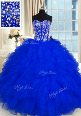 Discount Sleeveless Organza Floor Length Lace Up Sweet 16 Dress in Royal Blue for with Beading and Ruffles