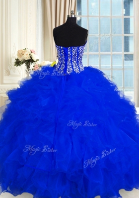 Discount Sleeveless Organza Floor Length Lace Up Sweet 16 Dress in Royal Blue for with Beading and Ruffles