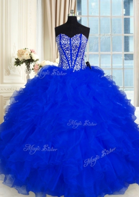 Discount Sleeveless Organza Floor Length Lace Up Sweet 16 Dress in Royal Blue for with Beading and Ruffles