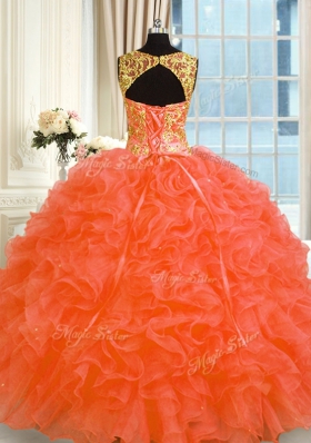 Dramatic Straps Sleeveless Quinceanera Dress Floor Length Embroidery and Ruffles Orange Red Organza
