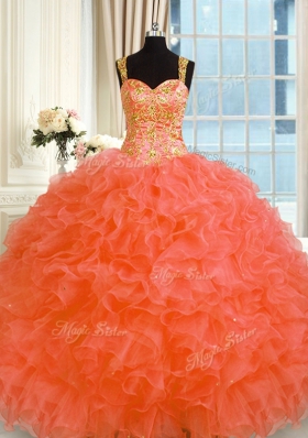 Dramatic Straps Sleeveless Quinceanera Dress Floor Length Embroidery and Ruffles Orange Red Organza