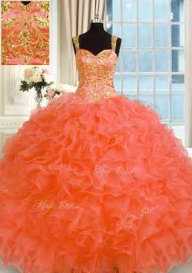 Dramatic Straps Sleeveless Quinceanera Dress Floor Length Embroidery and Ruffles Orange Red Organza