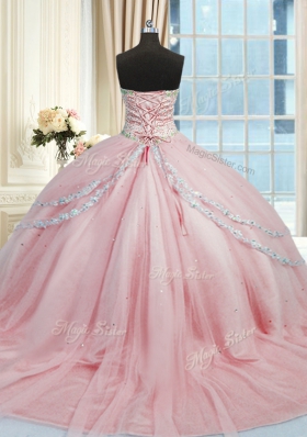 Dynamic With Train Pink Vestidos de Quinceanera Sweetheart Sleeveless Court Train Lace Up