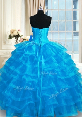 Floor Length Blue Quinceanera Dresses Organza Sleeveless Beading and Ruffled Layers