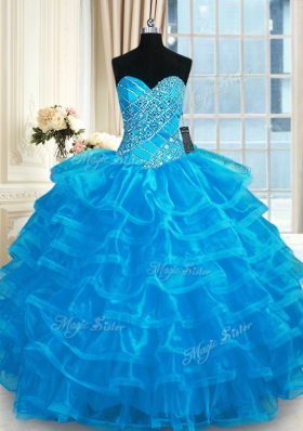 Floor Length Blue Quinceanera Dresses Organza Sleeveless Beading and Ruffled Layers