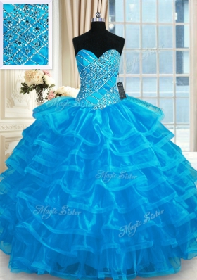 Floor Length Blue Quinceanera Dresses Organza Sleeveless Beading and Ruffled Layers