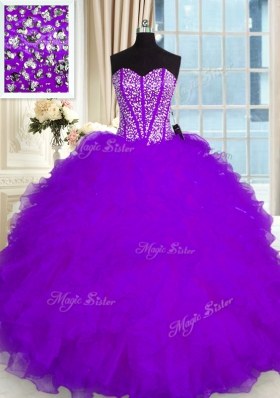 Floor Length Purple Quinceanera Dress Organza Sleeveless Beading and Ruffles