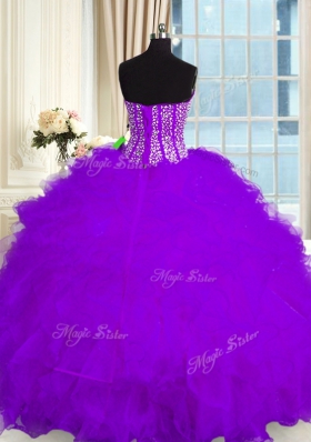 Floor Length Purple Quinceanera Dress Organza Sleeveless Beading and Ruffles