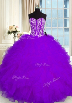 Floor Length Purple Quinceanera Dress Organza Sleeveless Beading and Ruffles