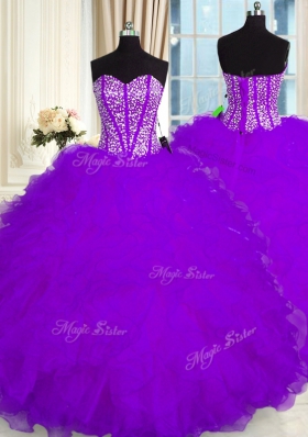 Floor Length Purple Quinceanera Dress Organza Sleeveless Beading and Ruffles