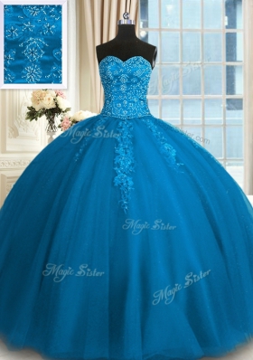 Floor Length Teal Sweet 16 Dress Tulle Sleeveless Appliques and Embroidery