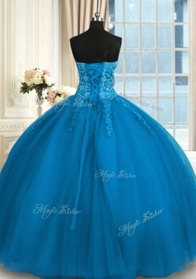 Floor Length Teal Sweet 16 Dress Tulle Sleeveless Appliques and Embroidery