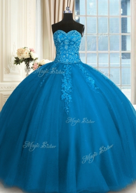 Floor Length Teal Sweet 16 Dress Tulle Sleeveless Appliques and Embroidery