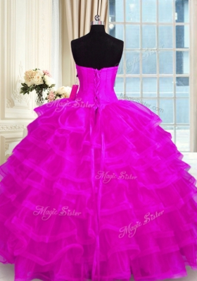 Fuchsia Sweetheart Neckline Beading and Ruffled Layers Ball Gown Prom Dress Sleeveless Lace Up