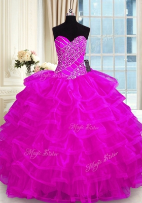 Fuchsia Sweetheart Neckline Beading and Ruffled Layers Ball Gown Prom Dress Sleeveless Lace Up