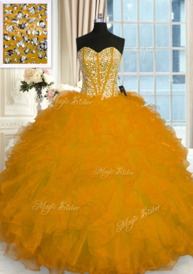 Glamorous Gold Ball Gowns Beading and Ruffles 15 Quinceanera Dress Lace Up Organza Sleeveless Floor Length