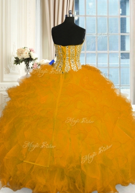 Glamorous Gold Ball Gowns Beading and Ruffles 15 Quinceanera Dress Lace Up Organza Sleeveless Floor Length