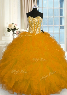 Glamorous Gold Ball Gowns Beading and Ruffles 15 Quinceanera Dress Lace Up Organza Sleeveless Floor Length