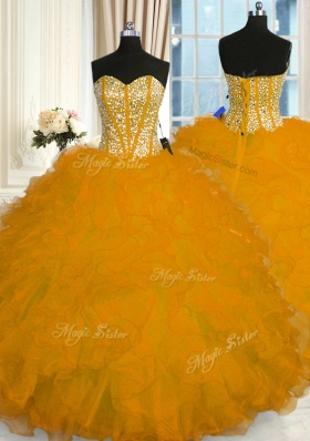 Glamorous Gold Ball Gowns Beading and Ruffles 15 Quinceanera Dress Lace Up Organza Sleeveless Floor Length