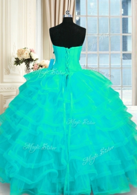 Gorgeous Turquoise Ball Gowns Beading and Ruffled Layers Quinceanera Gown Lace Up Organza Sleeveless Floor Length