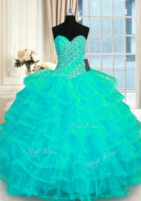 Gorgeous Turquoise Ball Gowns Beading and Ruffled Layers Quinceanera Gown Lace Up Organza Sleeveless Floor Length