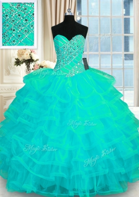 Gorgeous Turquoise Ball Gowns Beading and Ruffled Layers Quinceanera Gown Lace Up Organza Sleeveless Floor Length