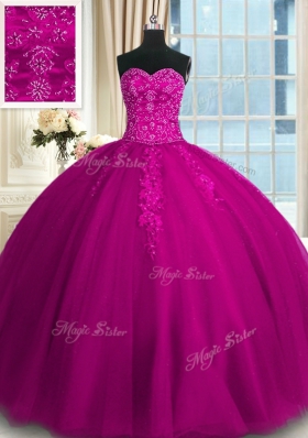 Great Appliques and Embroidery Quinceanera Gowns Fuchsia Lace Up Sleeveless Floor Length