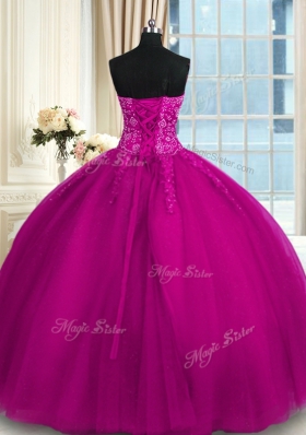 Great Appliques and Embroidery Quinceanera Gowns Fuchsia Lace Up Sleeveless Floor Length