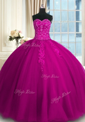 Great Appliques and Embroidery Quinceanera Gowns Fuchsia Lace Up Sleeveless Floor Length