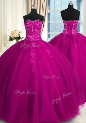 Great Appliques and Embroidery Quinceanera Gowns Fuchsia Lace Up Sleeveless Floor Length