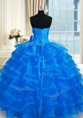 High End Floor Length Lace Up Vestidos de Quinceanera Blue and In for Military Ball and Sweet 16 and Quinceanera with Beading and Ruffled Layers