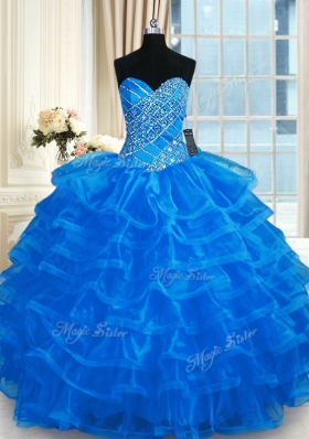 High End Floor Length Lace Up Vestidos de Quinceanera Blue and In for Military Ball and Sweet 16 and Quinceanera with Beading and Ruffled Layers