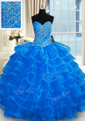 High End Floor Length Lace Up Vestidos de Quinceanera Blue and In for Military Ball and Sweet 16 and Quinceanera with Beading and Ruffled Layers