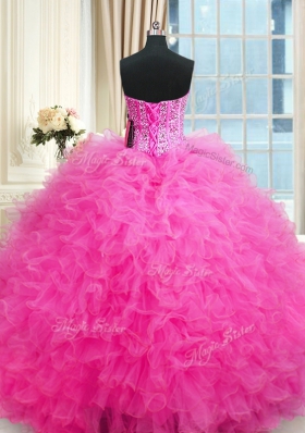 Hot Pink Tulle Lace Up Quinceanera Dresses Sleeveless Floor Length Beading and Ruffles