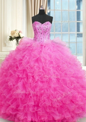 Hot Pink Tulle Lace Up Quinceanera Dresses Sleeveless Floor Length Beading and Ruffles