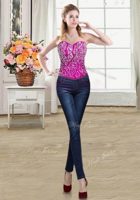 Inexpensive Three Piece Ball Gowns Sleeveless Fuchsia Quinceanera Gown Brush Train Lace Up