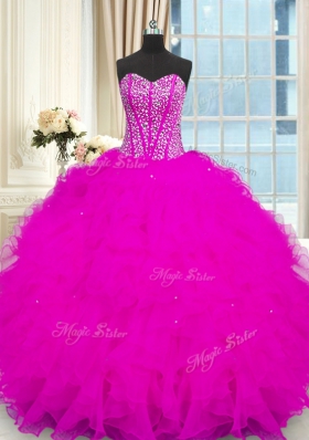 Latest Ball Gowns Quinceanera Gowns Fuchsia Strapless Organza Sleeveless Floor Length Lace Up