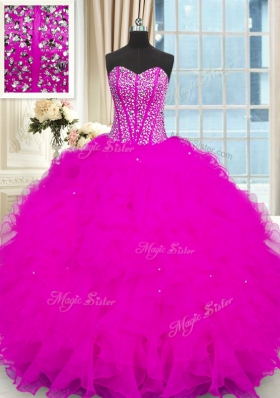 Latest Ball Gowns Quinceanera Gowns Fuchsia Strapless Organza Sleeveless Floor Length Lace Up
