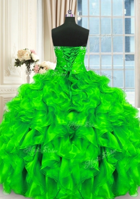 Latest Four Piece Sleeveless Organza Floor Length Lace Up Quince Ball Gowns in for with Beading and Ruffles and Ruching
