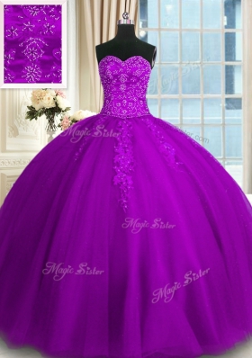 Modern Purple Lace Up Sweetheart Appliques and Embroidery Quinceanera Gown Tulle Sleeveless