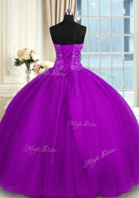 Modern Purple Lace Up Sweetheart Appliques and Embroidery Quinceanera Gown Tulle Sleeveless